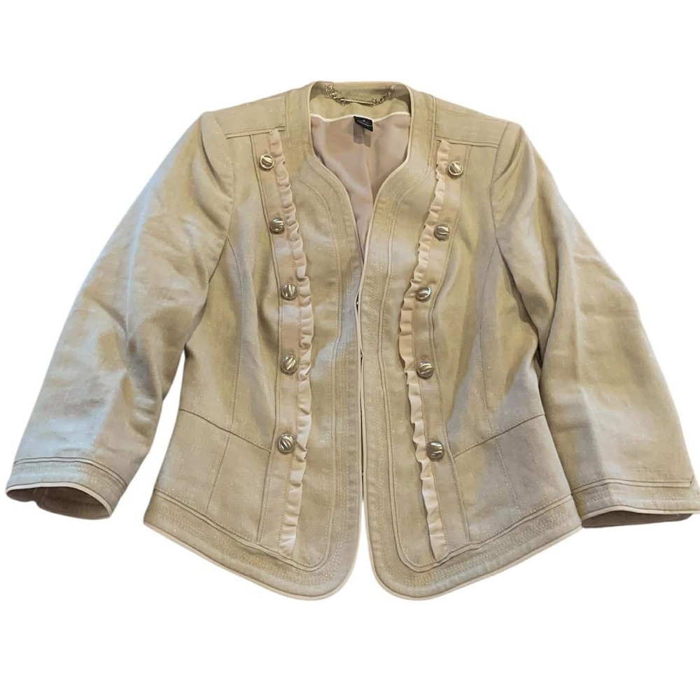 White House Black Market Metallic Ruffle Military Jacket Tan Beige Utility 4